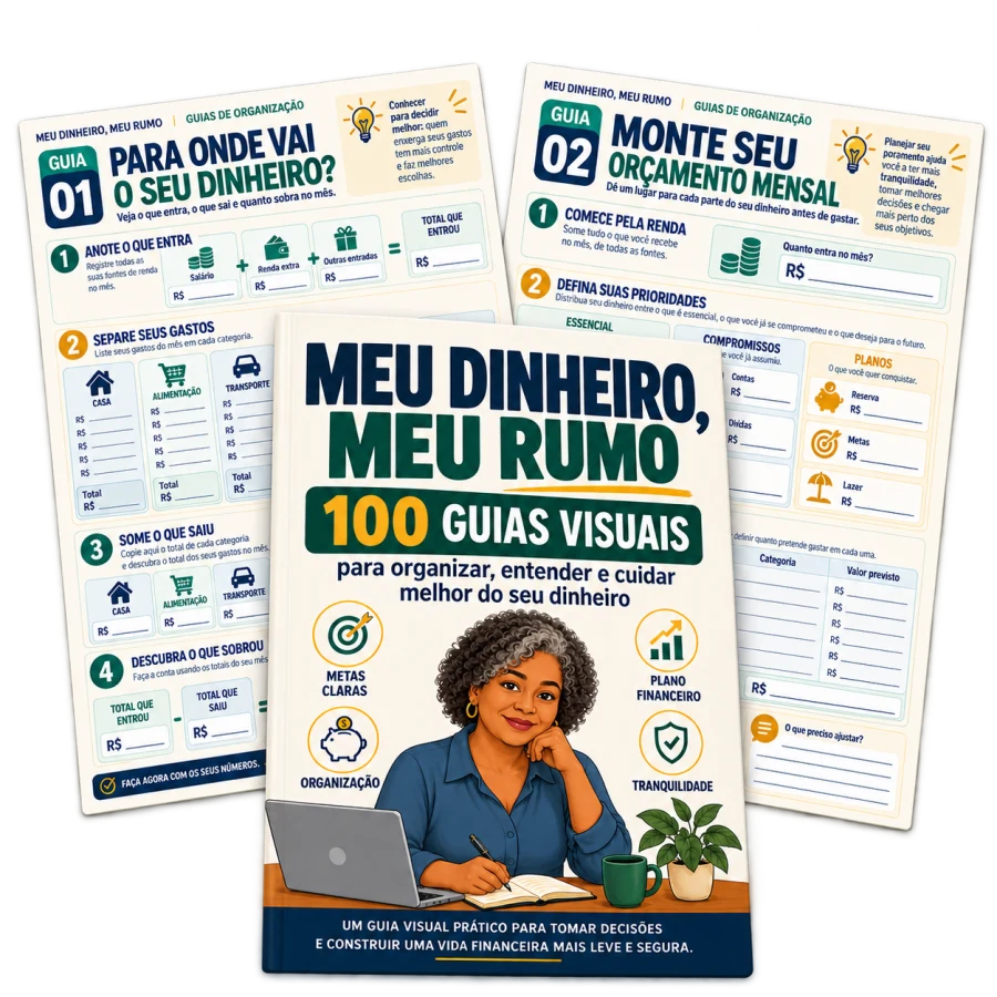 Mockup do Kit Básico Meu Dinheiro, Meu Rumo com 100 Guias Visuais