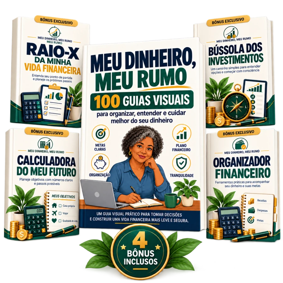 Espaço reservado para o mockup do Kit Completo Meu Dinheiro, Meu Rumo com 4 bônus inclusos